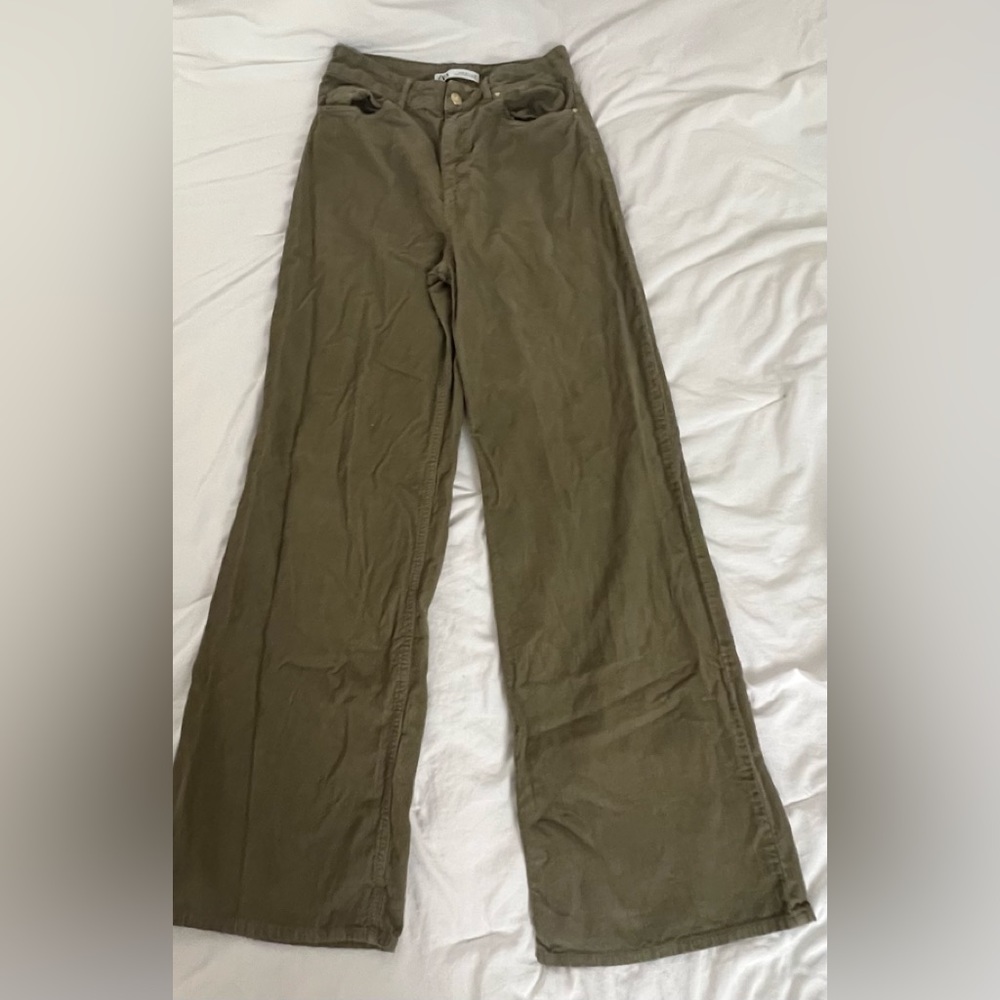 ZARA | Green Corduroy Pants |Straight Wide Leg